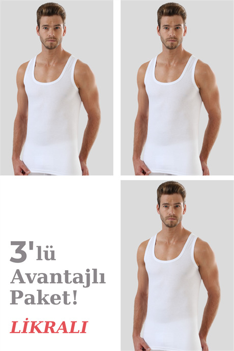 Beyaz Pamuklu Likralı Erkek Atlet 3'lü Paket - 1