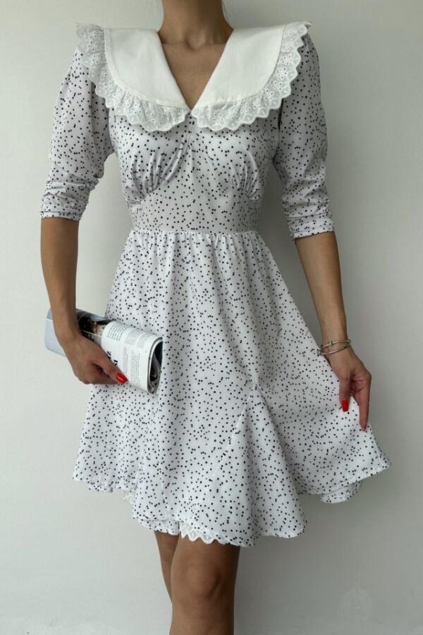 Beyaz Puantiyeli Önlük Yaka Elbise - 3