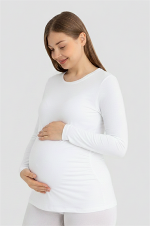 Beyaz Uzun Kollu Hamile Tişört Pamuklu Likralı Yumuşak ve Esnek Kumaş - Angelino