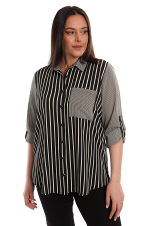Large Size Black Striped Single Pocket Shirt - 1