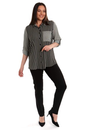 Large Size Black Striped Single Pocket Shirt - 4