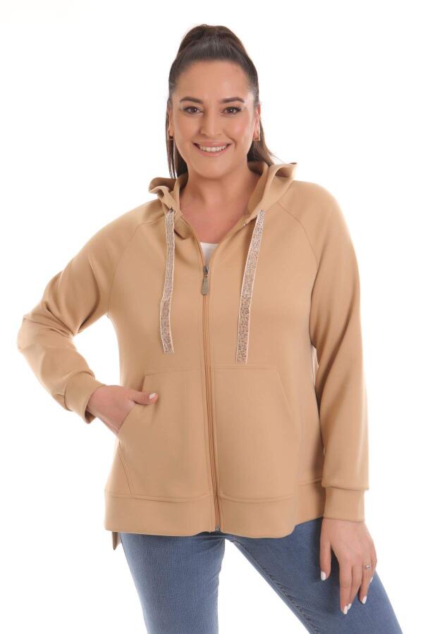 Plus Size Hooded Camel Sweat with Pockets - 1