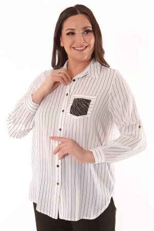 Large Size Striped Ecru Shirt with Pocket Stone Detail - 1