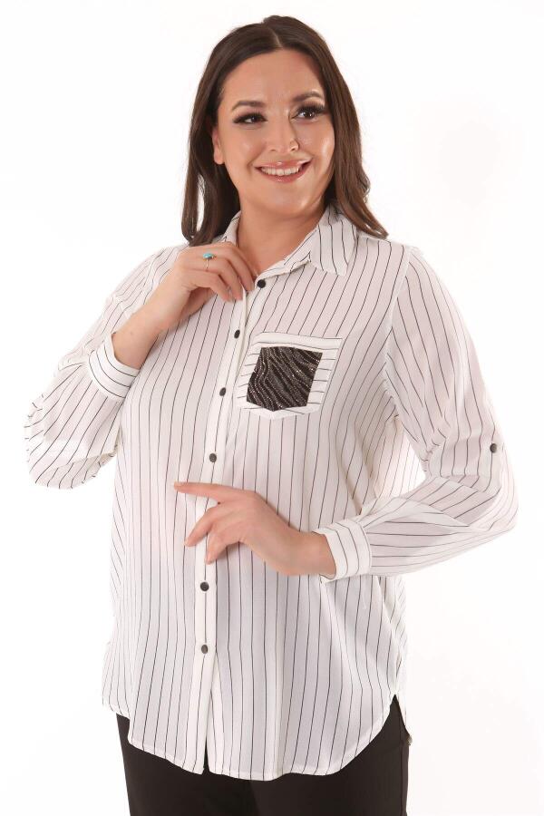 Large Size Striped Ecru Shirt with Pocket Stone Detail - 1