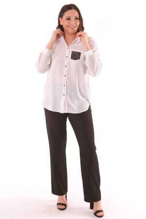 Large Size Striped Ecru Shirt with Pocket Stone Detail - 3