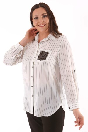 Large Size Striped Ecru Shirt with Pocket Stone Detail - 4