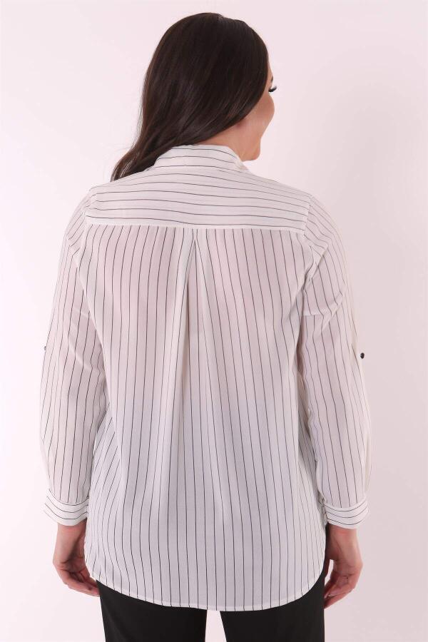 Large Size Striped Ecru Shirt with Pocket Stone Detail - 6