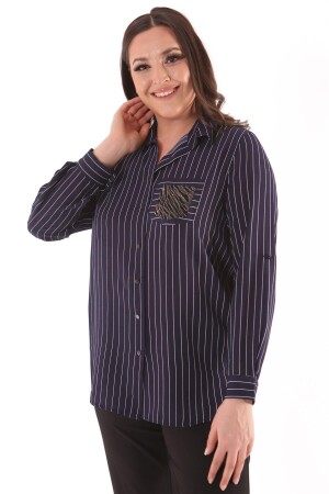 Large Size Striped Navy Blue Shirt with Stone Detail - 1