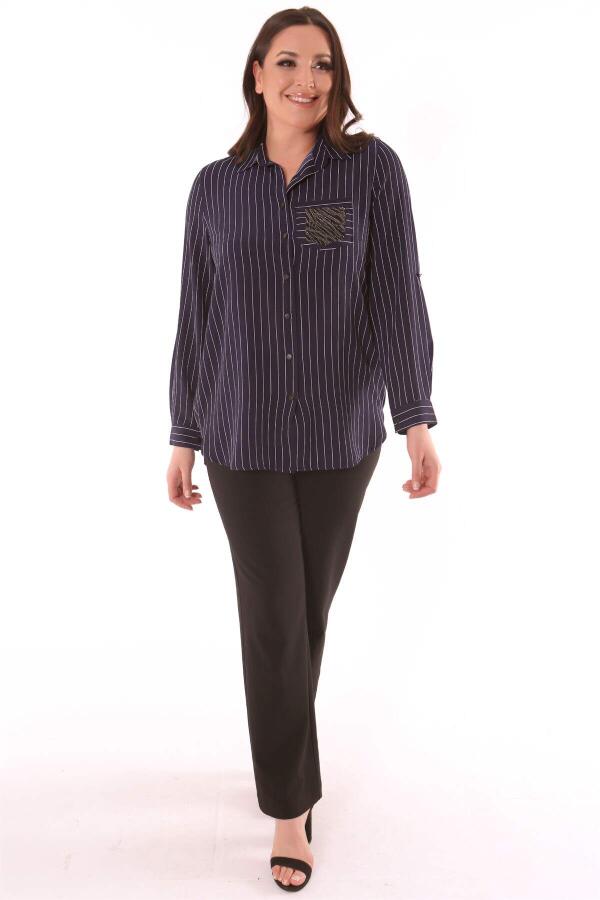 Large Size Striped Navy Blue Shirt with Stone Detail - 2