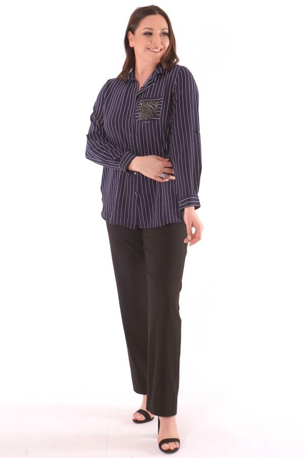 Large Size Striped Navy Blue Shirt with Stone Detail - 3
