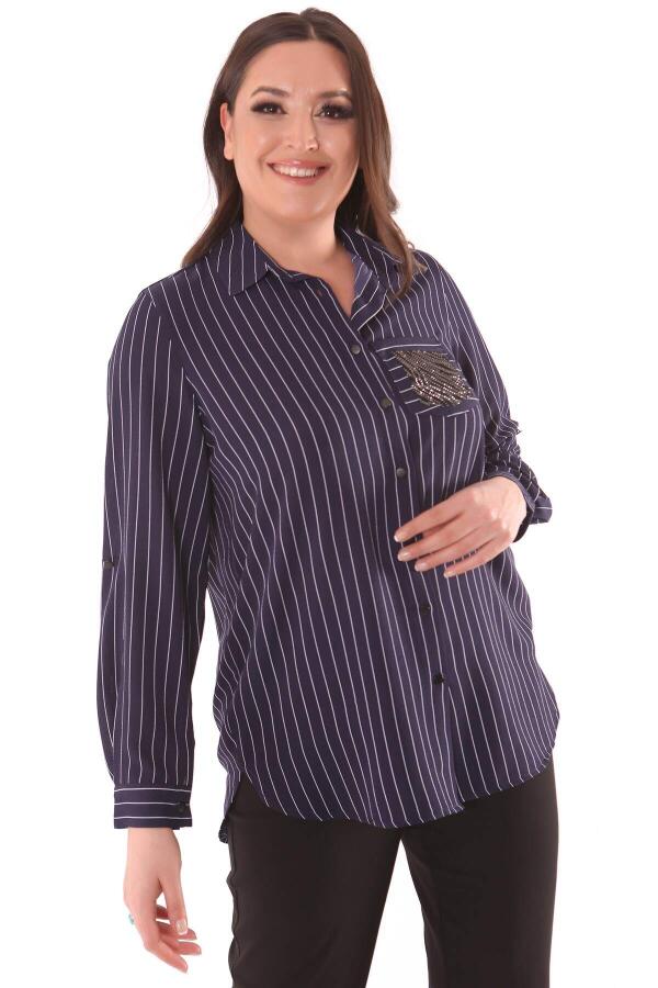 Large Size Striped Navy Blue Shirt with Stone Detail - 4