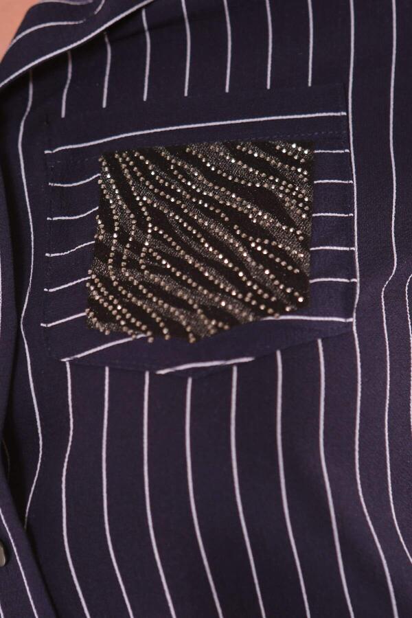 Large Size Striped Navy Blue Shirt with Stone Detail - 5