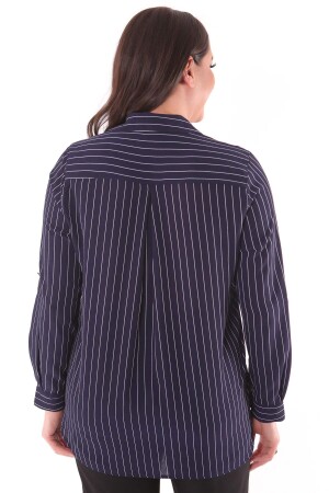 Large Size Striped Navy Blue Shirt with Stone Detail - 6