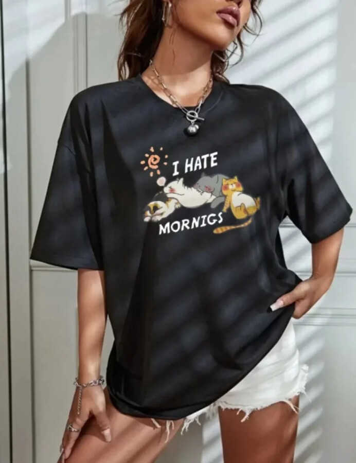 Bisiklet Yaka Baskılı Oversize T-Shirt - Siyah - ANGELINO BuyukBedeniz