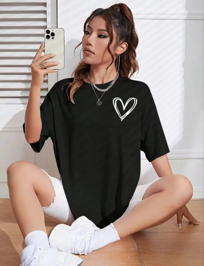 Bisiklet Yaka Baskılı Oversize T-Shirt - Siyah - ANGELINO BuyukBedeniz