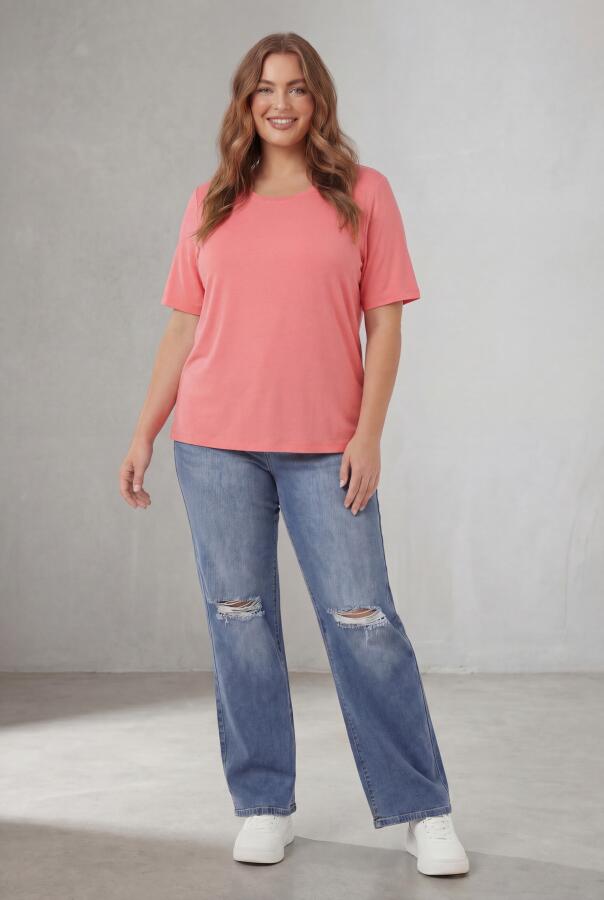 Bisiklet Yaka Büyük Beden Tişört Pembe - 3