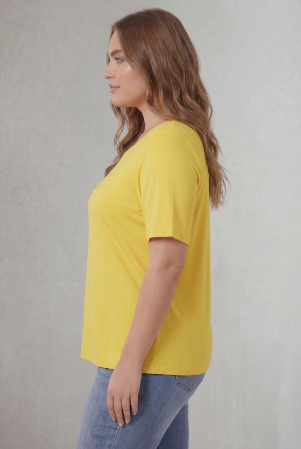 Bisiklet Yaka Büyük Beden Tişört Sarı - 2