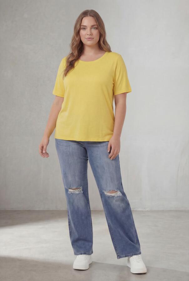 Bisiklet Yaka Büyük Beden Tişört Sarı - 4