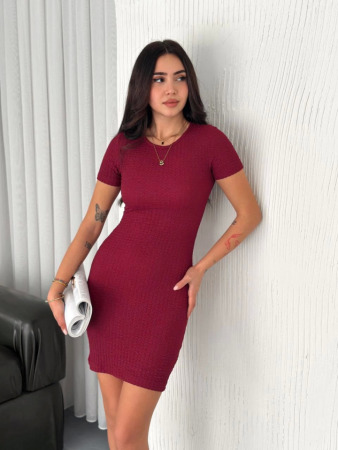 Bisiklet Yaka Kısa Kol Likralı Elbise - Bordo - 4