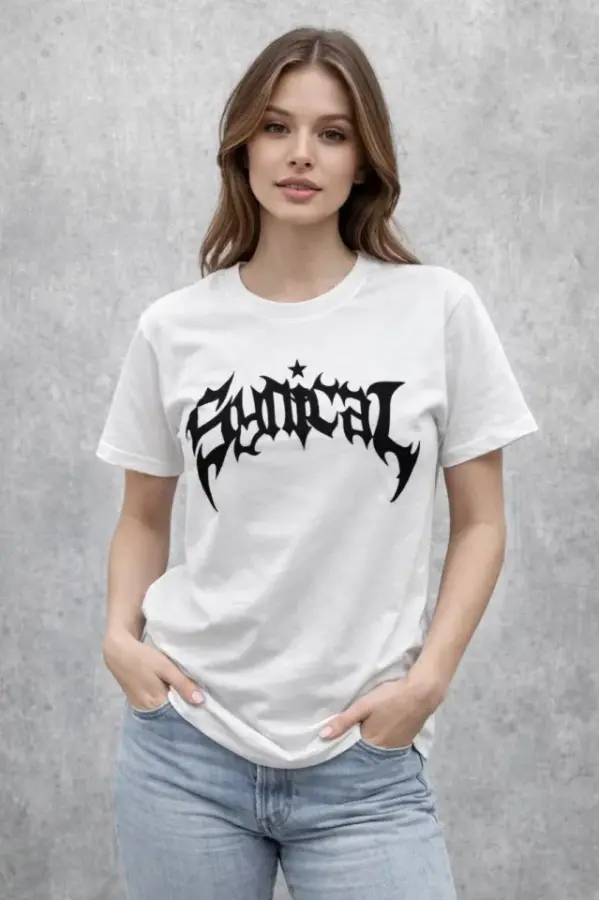 Bisiklet Yaka Ön Baskılı Kısa Kollu Tişört Streetwear Günlük Basic Pamuklu T-shirt - Beyaz - 1