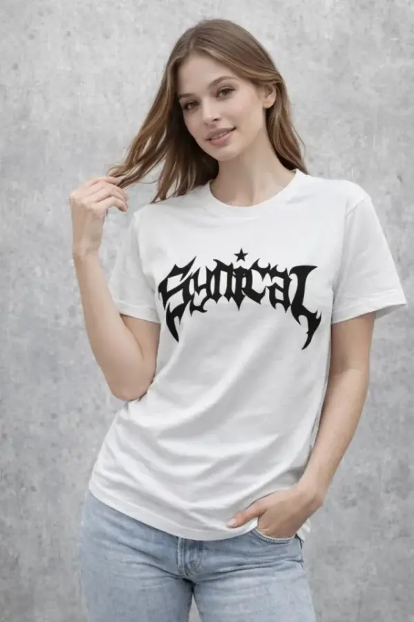 Bisiklet Yaka Ön Baskılı Kısa Kollu Tişört Streetwear Günlük Basic Pamuklu T-shirt - Beyaz - 2