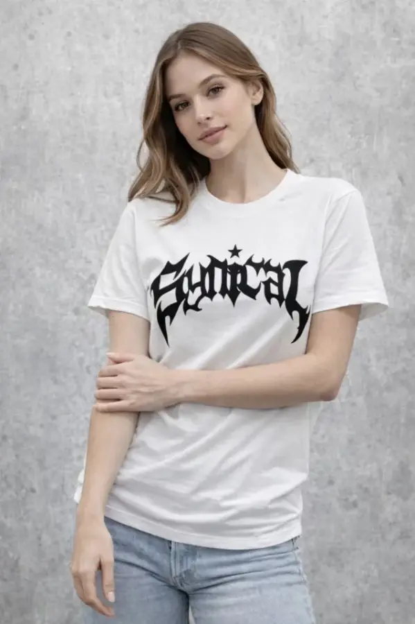 Bisiklet Yaka Ön Baskılı Kısa Kollu Tişört Streetwear Günlük Basic Pamuklu T-shirt - Beyaz - 3