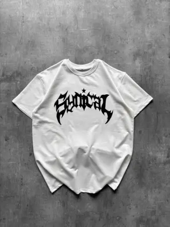 Bisiklet Yaka Ön Baskılı Kısa Kollu Tişört Streetwear Günlük Basic Pamuklu T-shirt - Beyaz - 4