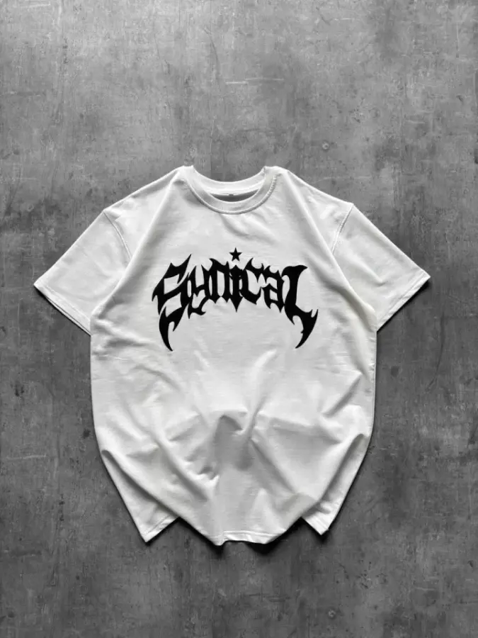 Bisiklet Yaka Ön Baskılı Kısa Kollu Tişört Streetwear Günlük Basic Pamuklu T-shirt - Beyaz - 4