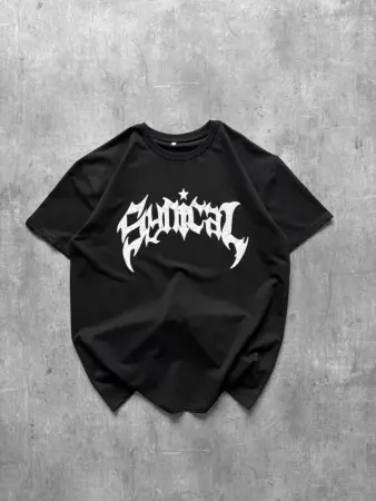 Bisiklet Yaka Ön Baskılı Kısa Kollu Tişört Streetwear Günlük Basic Pamuklu T-shirt - Siyah - 4