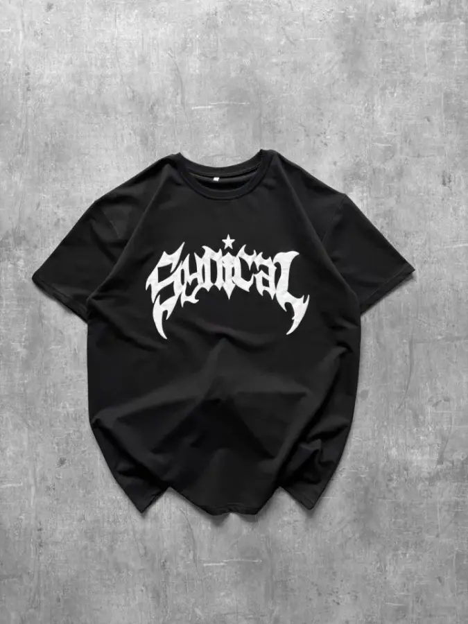 Bisiklet Yaka Ön Baskılı Kısa Kollu Tişört Streetwear Günlük Basic Pamuklu T-shirt - Siyah - 4