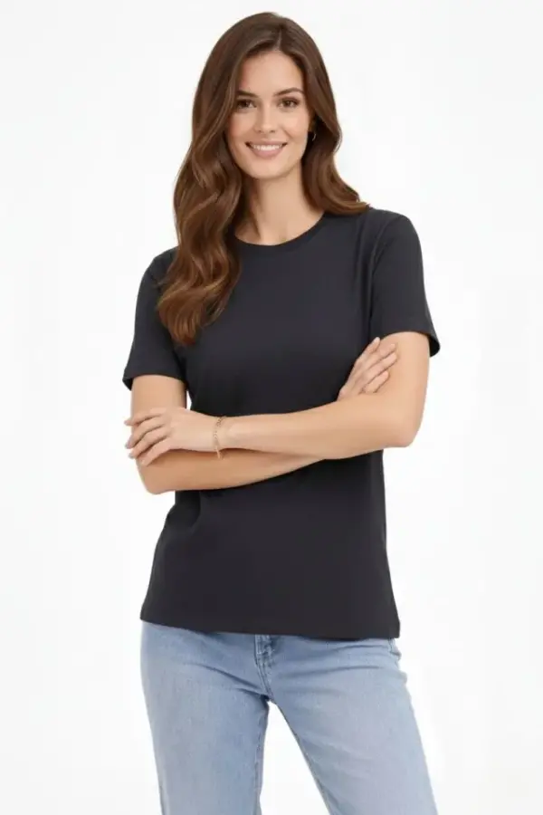 Bisiklet Yaka Tişört Regular Kalıp Basic Pamuklu Günlük Kullanım T-shirt - Füme - 4