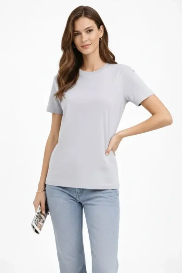 Bisiklet Yaka Tişört Regular Kalıp Basic Pamuklu Günlük Kullanım T-shirt - Gri - 2