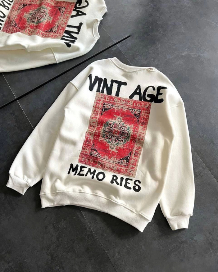 Bisiklet Yaka Üç İplik Baskılı Oversize SweatShirt - Beyaz - 1