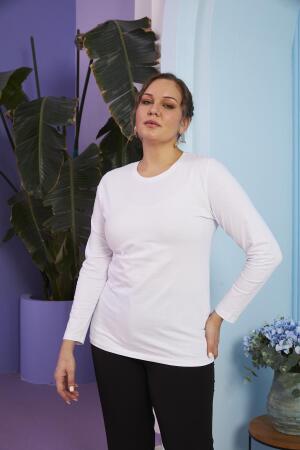 Bisiklet Yaka Uzun Kol Büyük Beden Beyaz Tişört - RMG