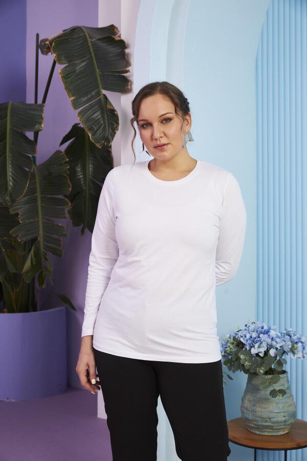 Bisiklet Yaka Uzun Kol Büyük Beden Beyaz Tişört - 3