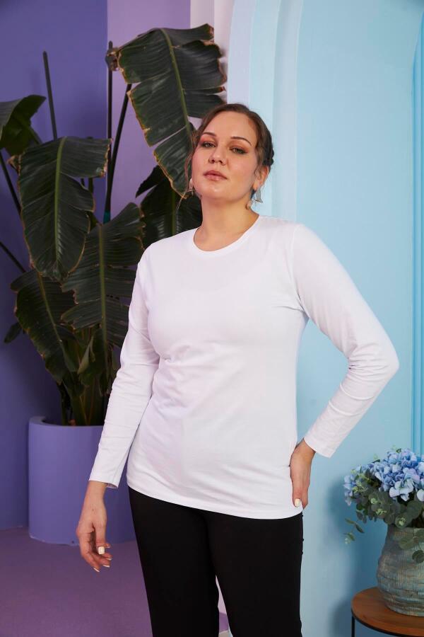 Bisiklet Yaka Uzun Kol Büyük Beden Beyaz Tişört - 1