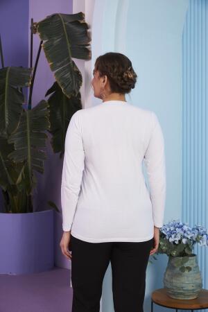 Bisiklet Yaka Uzun Kol Büyük Beden Beyaz Tişört - 4