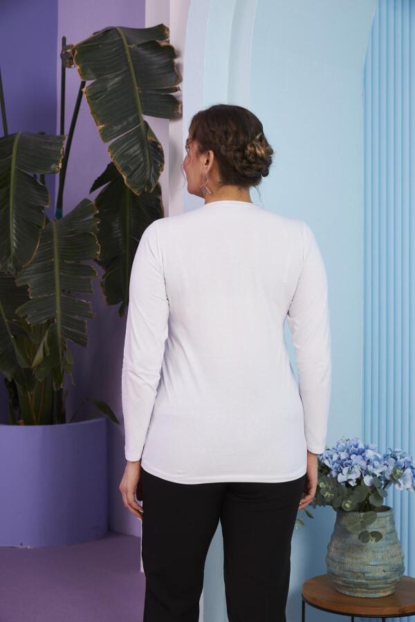 Bisiklet Yaka Uzun Kol Büyük Beden Beyaz Tişört - 4