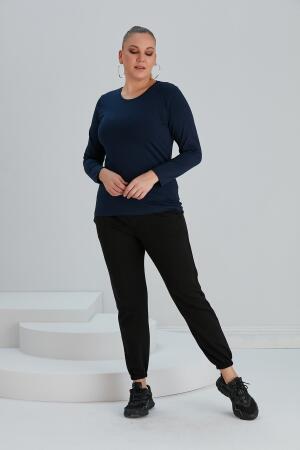 Bisiklet Yaka Uzun Kol Büyük Beden Lacivert Tişört - 4