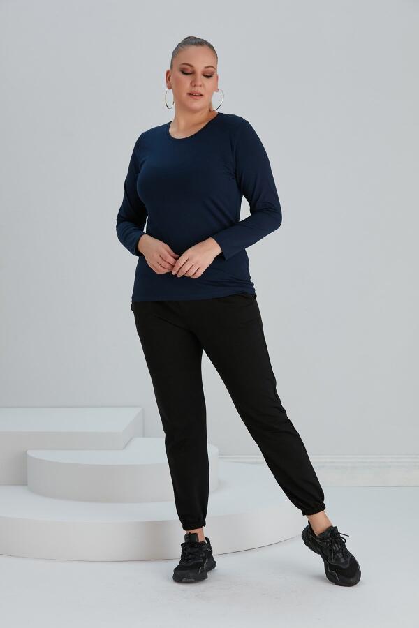 Bisiklet Yaka Uzun Kol Büyük Beden Lacivert Tişört - 4