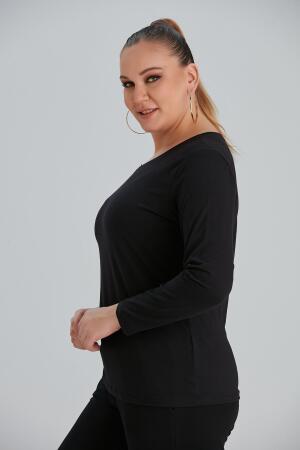 Bisiklet Yaka Uzun Kol Büyük Beden Siyah Tişört - 3