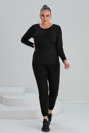 Bisiklet Yaka Uzun Kol Büyük Beden Siyah Tişört - 4