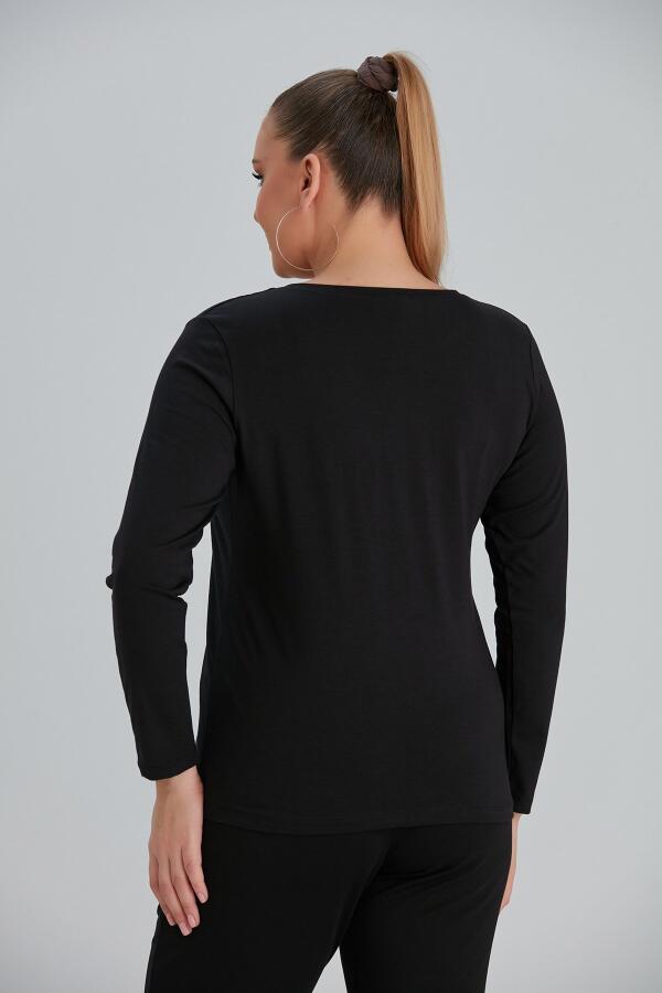 Bisiklet Yaka Uzun Kol Büyük Beden Siyah Tişört - 5