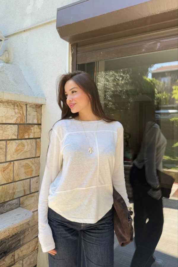 Bisiklet Yaka Uzun Kollu Bluz - Beyaz - 1