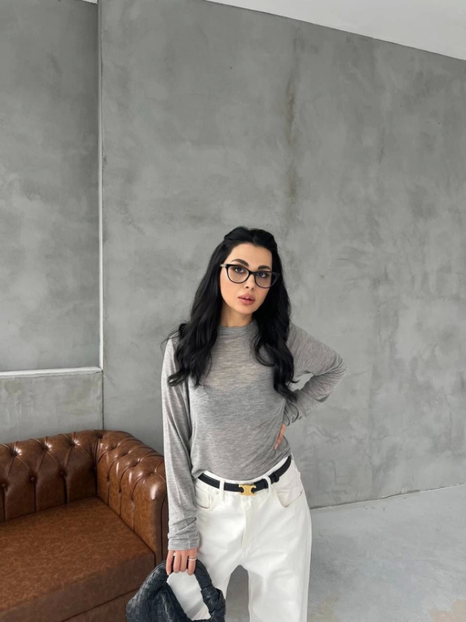 Bisiklet Yaka Uzun Kollu Crop - Gri - 1
