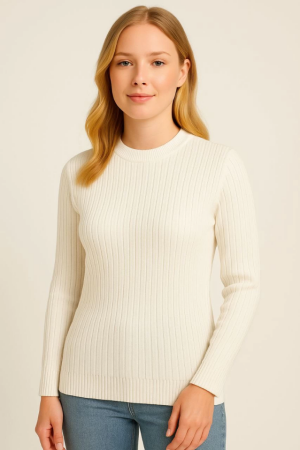 Bisiklet Yuvarlak Yaka Triko Kazak Pamuklu Kalın Fitilli Dokuma, Regular Fit Uzun Kollu Kışlık Model - Beyaz - 3