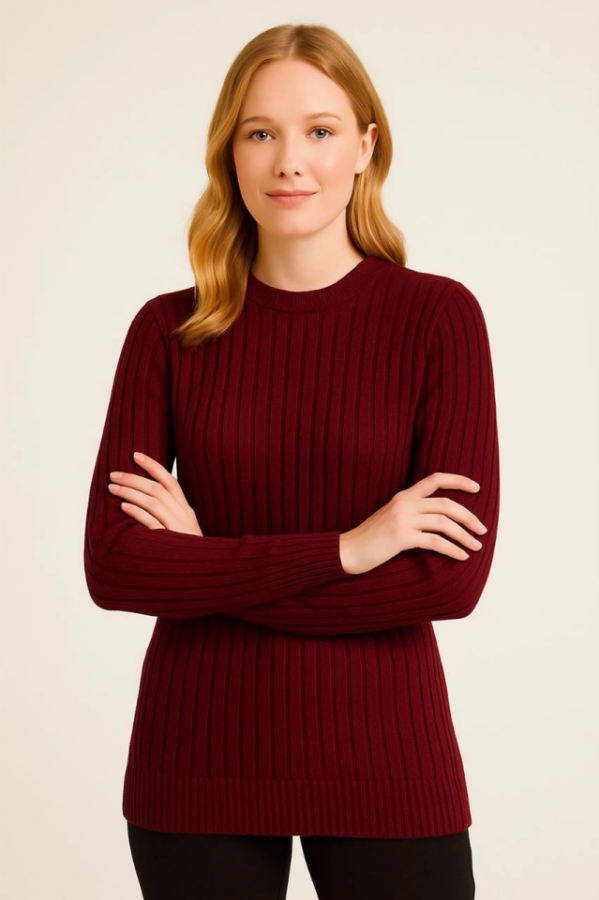 Bisiklet Yuvarlak Yaka Triko Kazak Pamuklu Kalın Fitilli Dokuma, Regular Fit Uzun Kollu Kışlık Model - Bordo - 1