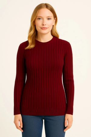 Bisiklet Yuvarlak Yaka Triko Kazak Pamuklu Kalın Fitilli Dokuma, Regular Fit Uzun Kollu Kışlık Model - Bordo - ANGELINO BuyukBedeniz (1)