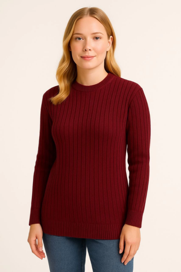 Bisiklet Yuvarlak Yaka Triko Kazak Pamuklu Kalın Fitilli Dokuma, Regular Fit Uzun Kollu Kışlık Model - Bordo - 4