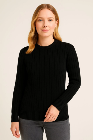 Bisiklet Yuvarlak Yaka Triko Kazak Pamuklu Kalın Fitilli Dokuma, Regular Fit Uzun Kollu Kışlık Model - Siyah - ANGELINO BuyukBedeniz (1)